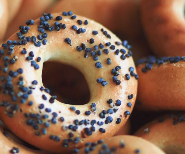 A delectable chocolate chip donut, its golden surface adorned with a scattering of miniature chocolate chips.